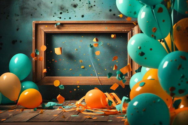 Des ballons aux couleurs vives sont lancés dans les airs autour d'un cadre en bois de ruban et de papier de couleur