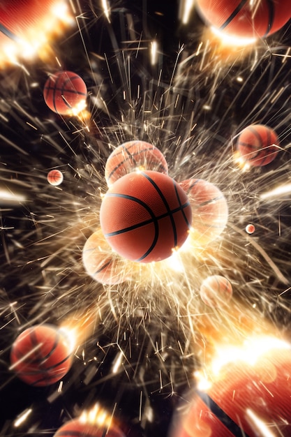 Ballons de basket-ball avec des étincelles de feu en action. Noir isolé