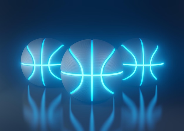 Des ballons de basket-ball avec des lumières de néon bleues lumineuses futuristes sur un fond sombre rendu en 3D