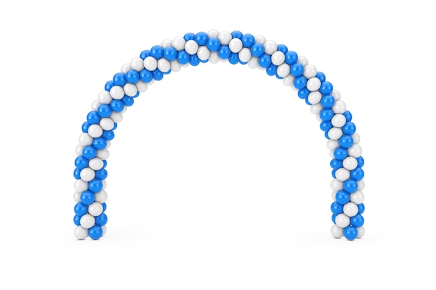Ballons blancs et bleus en forme d'arc, de porte ou de portail sur fond blanc. Rendu 3D