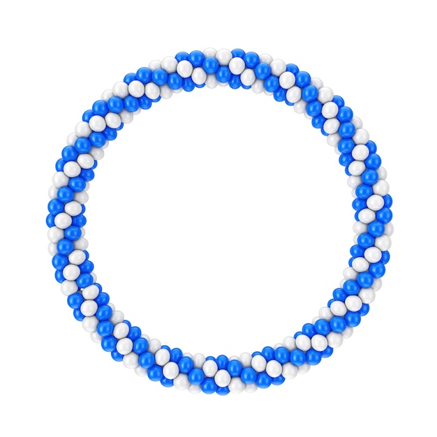 Ballons blancs et bleus en forme de cercle, anneau ou portail sur fond blanc. Rendu 3D