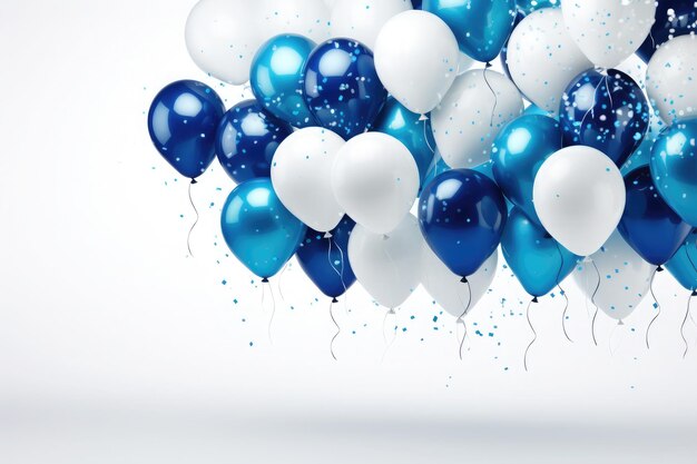 Ballons blancs et bleus et ruban de confettis avec décoration festive d'anniversaire et d'anniversaire sur fond blanc