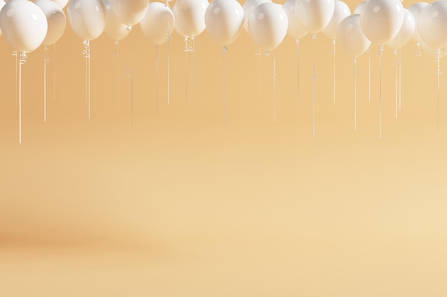 Photo ballons blancs flottant sur fond de couleur orange jaune pour l'espace de copie. idée minimale de rendu 3d