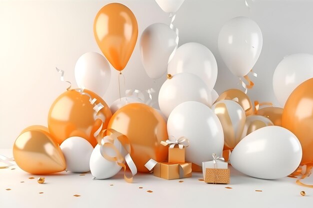 Ballons blancs et orange avec confettis et coffrets cadeaux 1