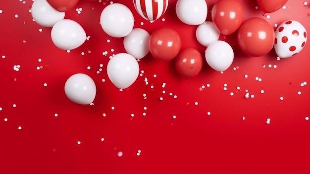 Photo ballons blancs et rouges en fond isolé rouge avec des confettis