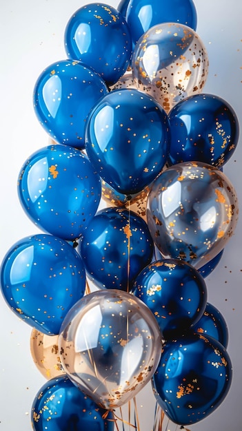 Photo des ballons bleus et dorés sur un fond blanc avec des confettis