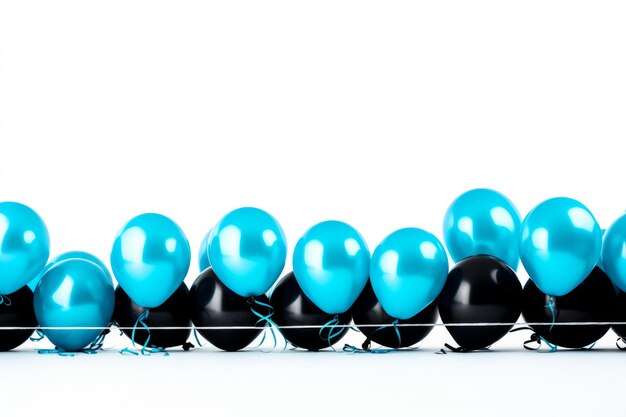 Photo des ballons bleus, noirs et blancs vibrants flottant gracieusement sur un fond blanc propre.