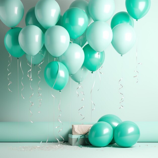 Des ballons bleus Tiffany et une boîte cadeau sur fond de menthe