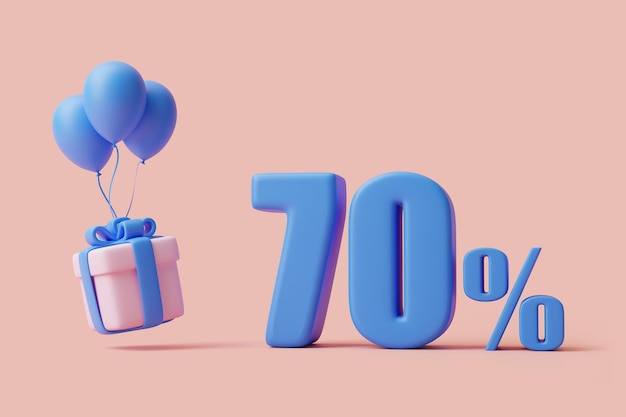Ballons de boîte-cadeau et signe de soixante-dix pour cent sur fond rose pastel Décoration de vacances rendu 3D