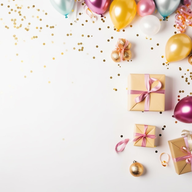 Ballons et boîtes-cadeaux avec rubans et nœuds sur une surface blanche