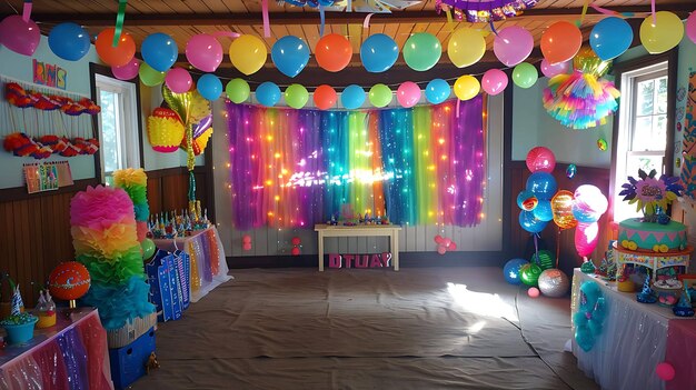 Des ballons et des boucles de couleurs vives décorent une pièce pour une fête