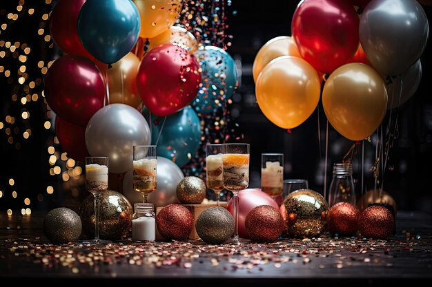 des ballons et des bougies sur une table avec des bonbons à l'avant l'image est prise d'en haut