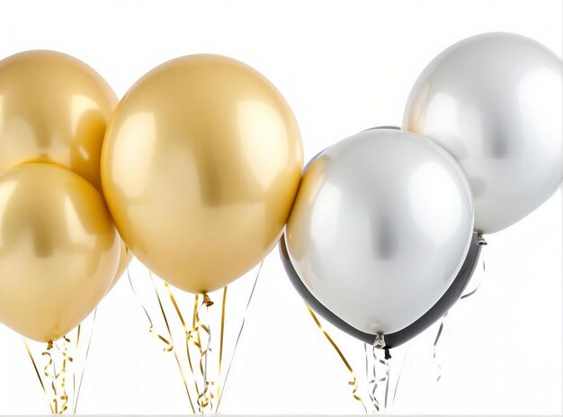 Photo des ballons brillants de couleur or et argent avec de l'hélium sur fond blanc concept de joyeux anniversaire