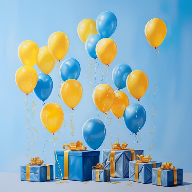 Ballons et cadeaux en bleu et jaune