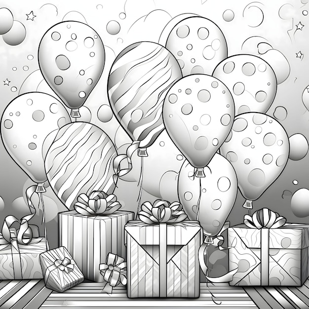 Des ballons, des cadeaux et des confettis Pour colorier en noir et blanc