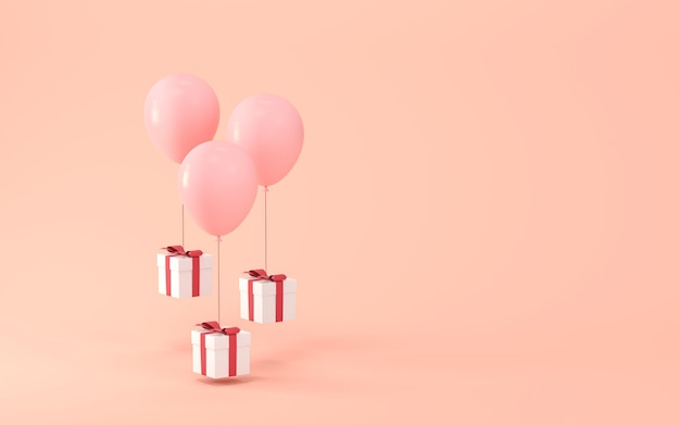 Ballons et cadeaux avec rendu 3d de fond rose