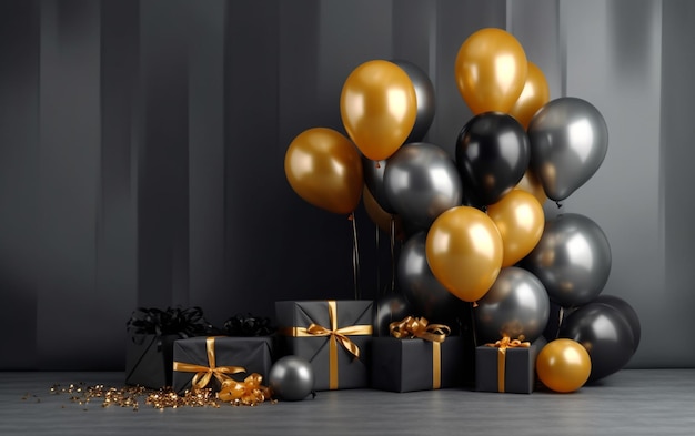 Ballons et cadeaux sur une table avec un fond noir