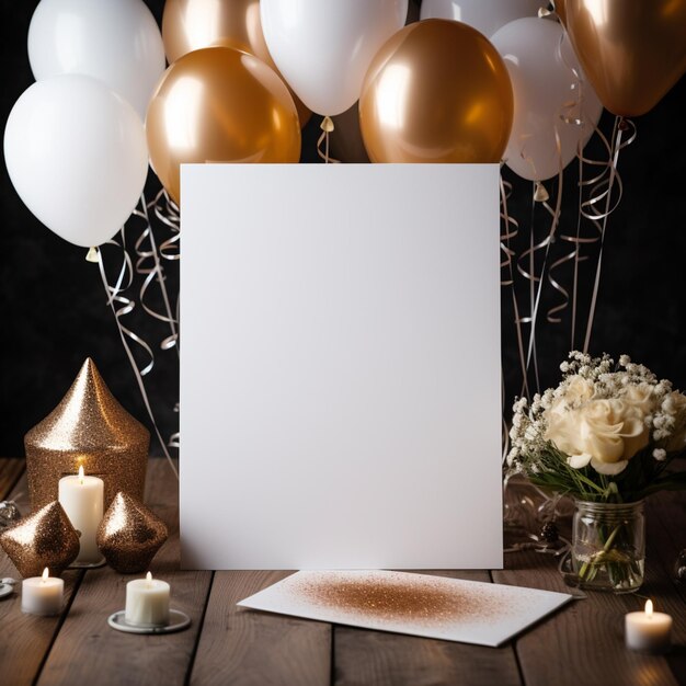 Photo des ballons et une carte sont sur une table avec des bougies et un vase génératif ai