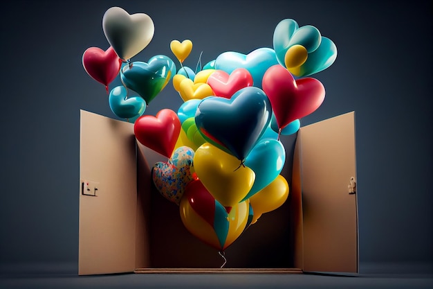 Des ballons coeur colorés sortent d'une boîte ai générative