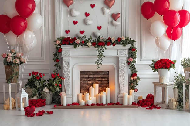 Les ballons de cœur et les roses décorent le jour de la Saint-Valentin