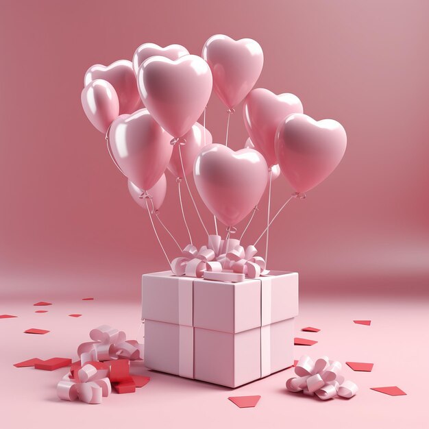 des ballons de cœur volent à travers une boîte à cadeaux à l'avant dans le style de sculptures conceptuelles roses ludiques