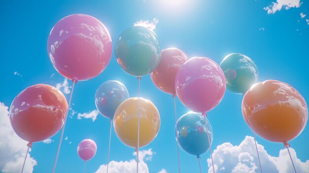 des ballons colorés des boules de vacances dans le ciel bleu minimaliste