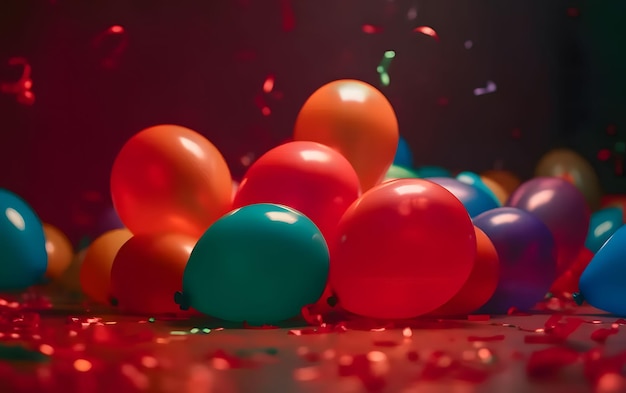 Ballons colorés et confetti vue latérale Bannière de fond sombre du réveillon du Nouvel An avec de l'espace pour votre propre contenu