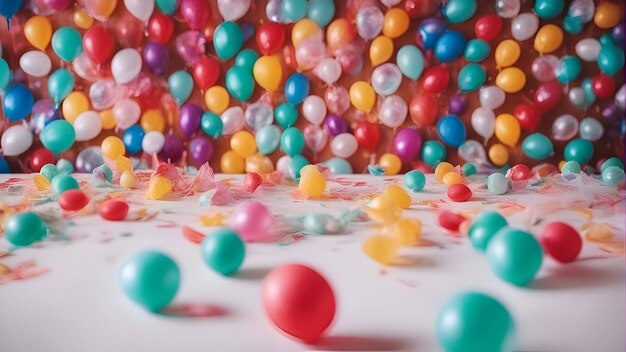 Photo ballons colorés et confettis sur fond blanc avec espace de copie