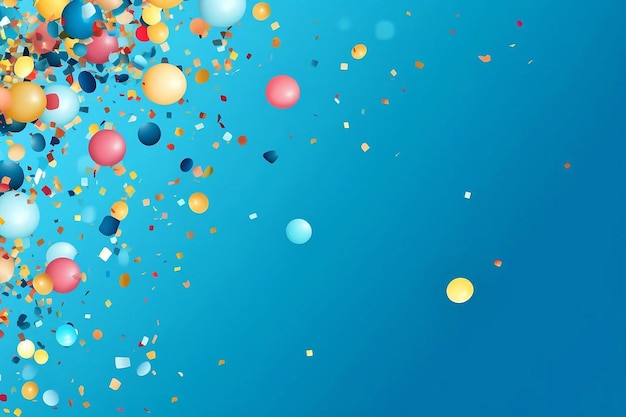 Des ballons colorés et des confettis sur fond bleu