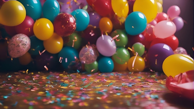 Ballons colorés et confettis sur fond en bois Mise au point sélective