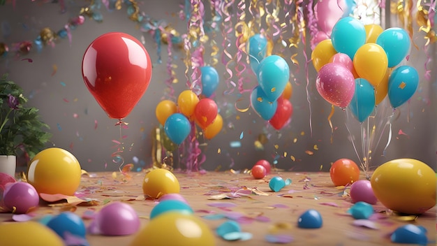 Ballons colorés et confettis sur la table rendu 3d