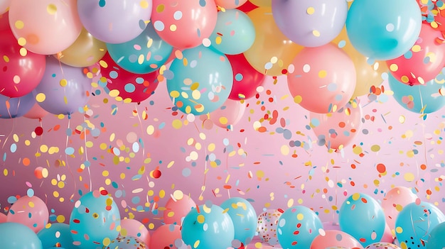 Des ballons colorés et des confettis tombant sur un fond rose parfaits pour un anniversaire d'anniversaire ou toute autre occasion spéciale