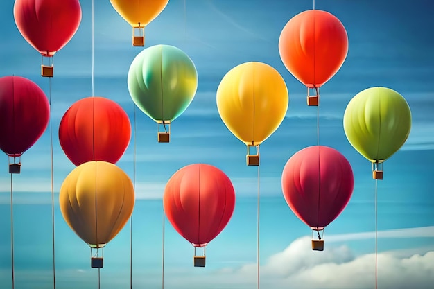 Photo ballons colorés dans le ciel avec nuages et nuages