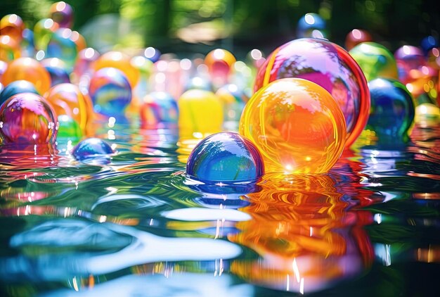 des ballons colorés dans une piscine peu profonde dans un cadre magnifique dans le style de lentilles tiltshift