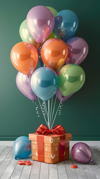 Des ballons colorés entourent une boîte-cadeau magnifiquement emballée