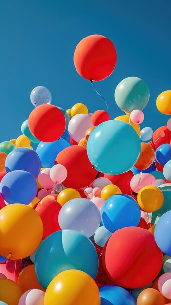 des ballons colorés flottant contre un ciel bleu clair