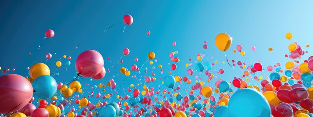 des ballons colorés flottant contre un ciel bleu clair