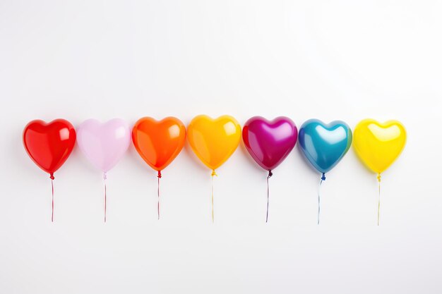 Ballons colorés en forme de coeur sur fond blanc