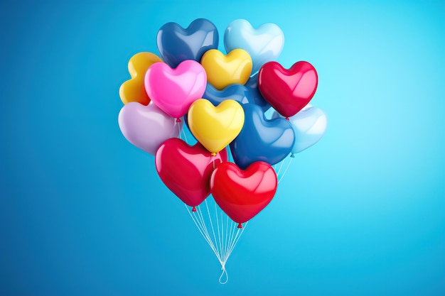 Ballons colorés en forme de coeur sur fond bleu