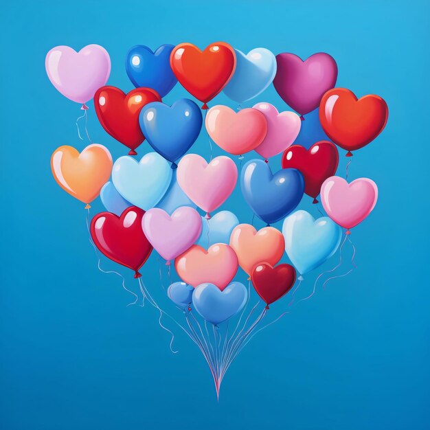 Des ballons colorés en forme de cœur reliés par des cordes sur un fond bleu Cœur comme symbole d'affection et d'amour