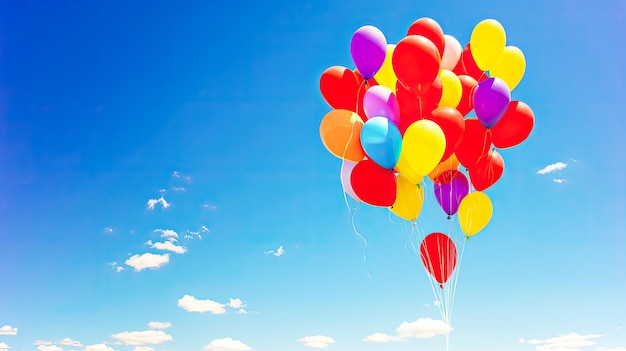 Ballons colorés à l'hélium volant sur fond de ciel bleu clair Fond de vacances avec des ballons