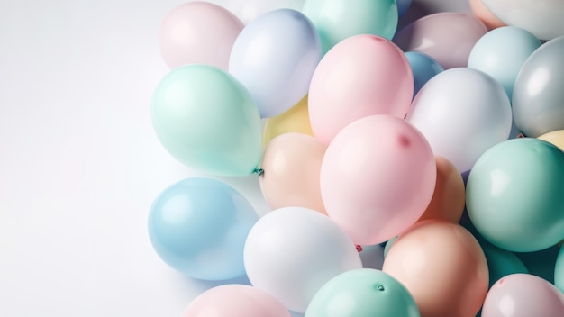Ballons colorés pastel sur fond de salle blanche Fête et célébration