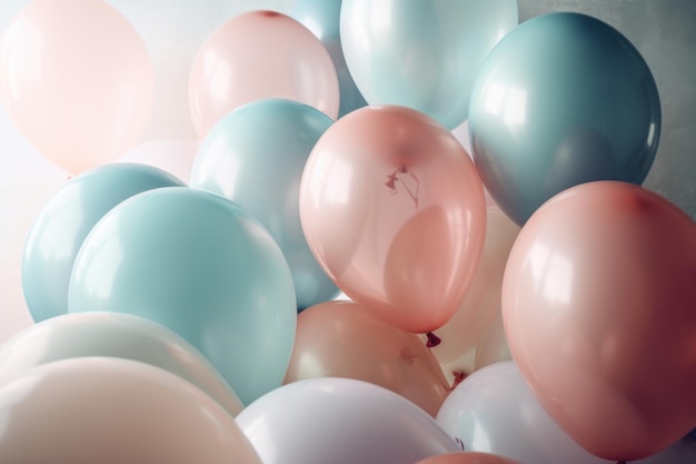 Ballons colorés pastel sur fond de salle blanche Fête et célébration