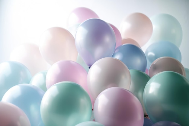 Ballons colorés pastel sur fond de salle blanche Fête et célébration