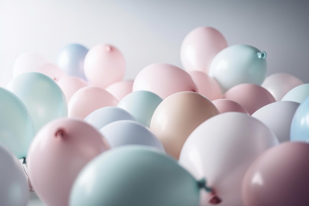 Ballons colorés pastel sur fond de salle blanche Fête et célébration