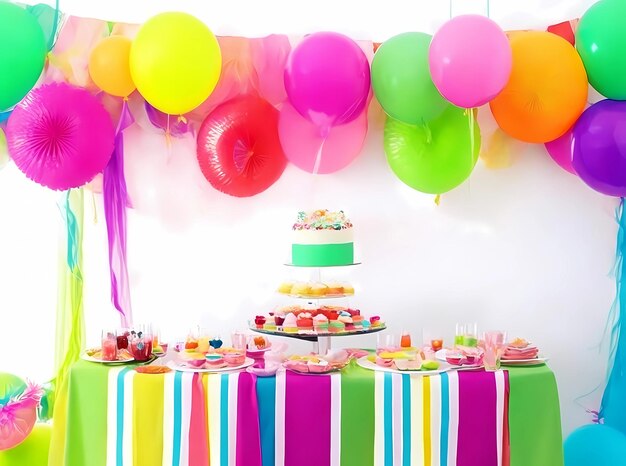 ballons colorés suspendus au plafond avec un gâteau sur le dessus.