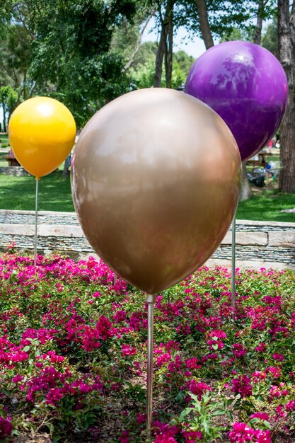 Photo ballons de couleur et fleurs dans un parc