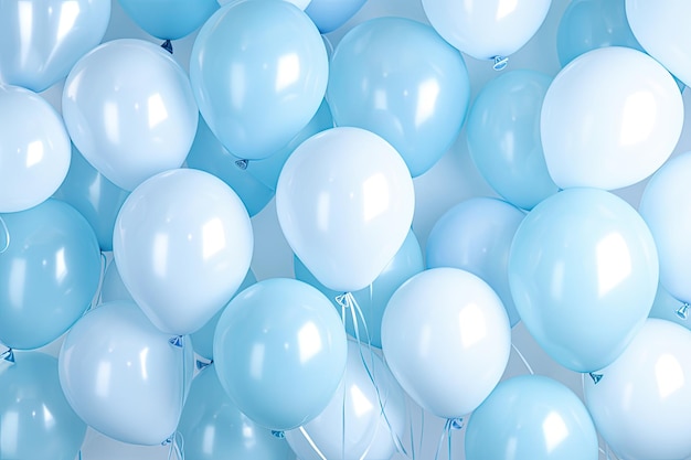 Ballons de couleur pastel avec fond bleu clair et flou idéal pour les décorations de fête d'anniversaire