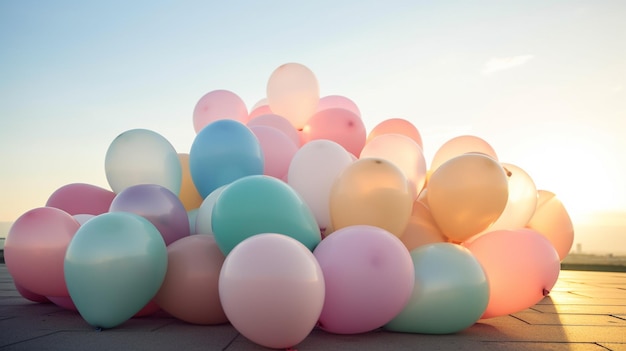 Ballons de couleurs pastel sur fond de ciel AI générative