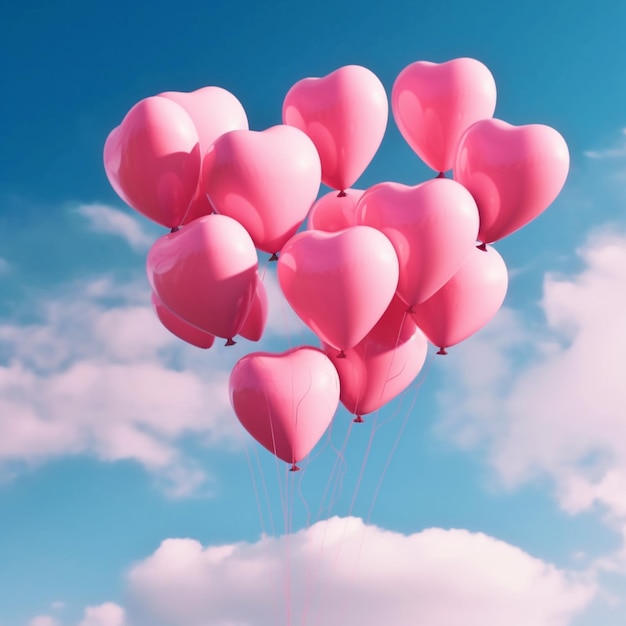 Des ballons dans les airs avec des cœurs roses flottant dans le ciel